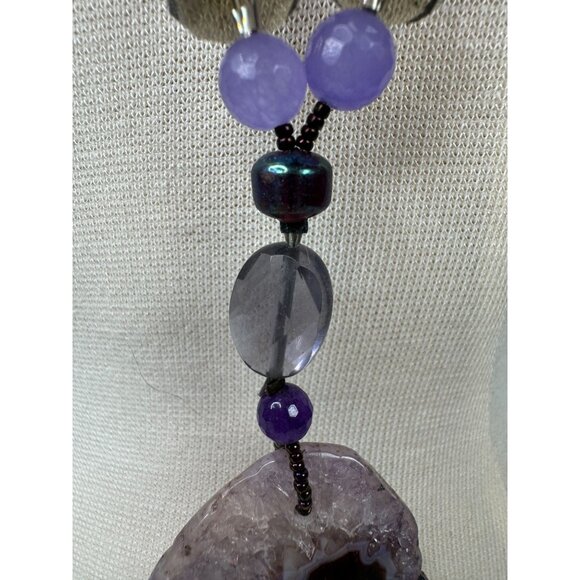 Dyed Agate Pendant Necklace With Beads & Large Purple Stone 13" Long Unique Boho - Picture 5 of 15